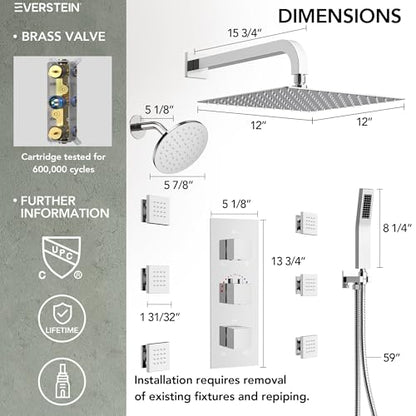 Wall Mount 12" High-Pressure Rainfall Shower Faucet, Dual Rainfall Shower Head System with 6 Body Jets (Polished Chrome) | Wall Mount, High-Pressure, Dual Rainfall Shower Head System, 6 Body Jets - color: Polished Chrome