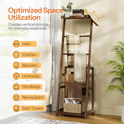 HOOBRO Blanket Ladder, 3-Tier Towel Rack, Bamboo Blanket Rack, Blanket Stand, Blanket Ladders for Bedroom, Quilt Ladder for Living Room, Bedroom, Decorative Display Ladder Shelf, Mocha MA124CJ01