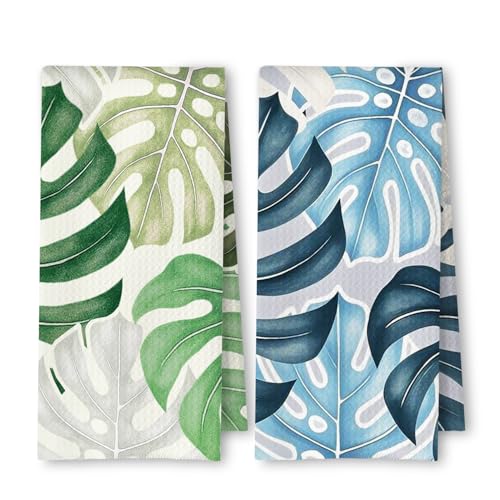 Boho Tropical Kitchen Towels Set of 2, Palm Leaf Botanical Dish Tea Towels for Kitchen Decor, Blue and Green Monstera Leaf Decorative Hand Towels for Bathroom Decor, 16x24 Inches - color: Boho Tropical