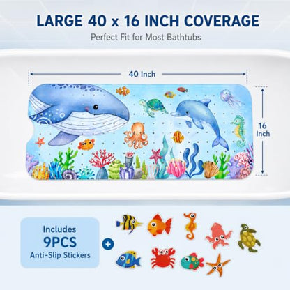 Cinrobiye Bath Mat for Tub Non Slip, 40 x 16 Inch Sea Animals Cartoon Bathtub Shower Mat with Suction Cups and Drain Holes, Waterproof Machine Washable Bathroom Mat - color: Blue