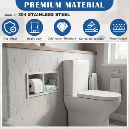 Recessed Dual Roll Toilet Paper Holder 304 Stainless Steel Hidden in-wall with Storage Durable Tissue Roll Holder Heavy Duty Space Saving Design for Modern Bathrooms and Remodel (White) - color: White