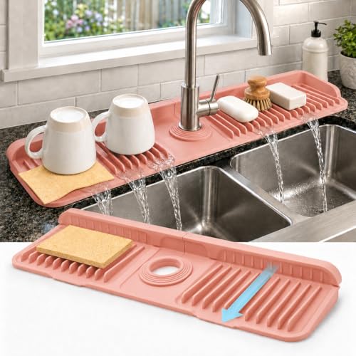 23" Extra Long Silicone Faucet Handle Drip Catcher Tray,7° Sloped Self Draining Mat with Snap-on Design & Soap Holder, Trim-to-Fit Opening,Sink Splash Guard for Kitchen & Bathroom(Pink) - color: Pink, size: 23" x 5.5"