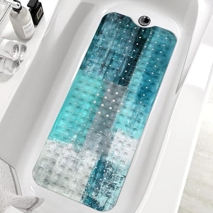 Bath Tub Mat Non Slip, Abstract Non Slip Bath Mat for Shower, Large Washable Shower mats for Showers with Drain Holes and Suction Cups,40 X 16 Inch (Turquoise Abstract) - color: Turquoise Abstract