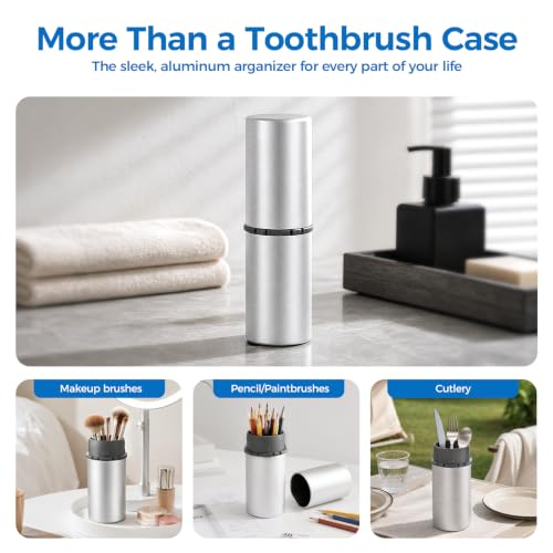 Aluminum Toothbrush Travel Case, Travel Toothbrush and Toothpaste Holder, Portable Toothbrush Mouthwash Cup Holder with Cover for Traveling, Bathroom, Camping, Business Trip-1Pack Silver