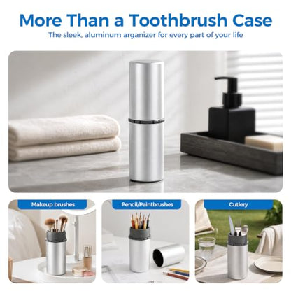 Aluminum Toothbrush Travel Case, Travel Toothbrush and Toothpaste Holder, Portable Toothbrush Mouthwash Cup Holder with Cover for Traveling, Bathroom, Camping, Business Trip-1Pack Silver
