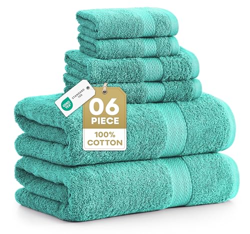 LANE LINEN Towel Set 6 Piece Soft Absorbent Quick Dry 100% Cotton - Teal | Towels And Washcloths - Terry Weave Comfort, Long-Lasting Comfort, Hotel-Style Look, Gets Softer With Every Wash - color: 09: Teal