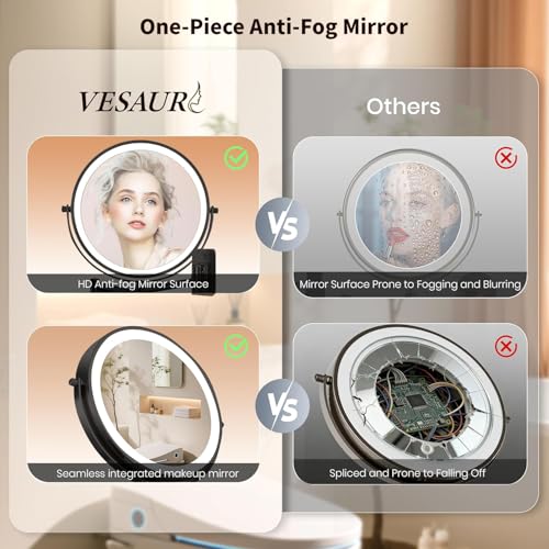8.5" Wall Mounted Lighted Makeup Mirror, 3000 mAh Rechargeable Double-Sided 1X 10X Magnifying Mirror, 3 Color Lighting, Touch Screen Dimming, Extended Arm 360 Rotation Bathroom Mirro, Black - color: Black Wall-mounted