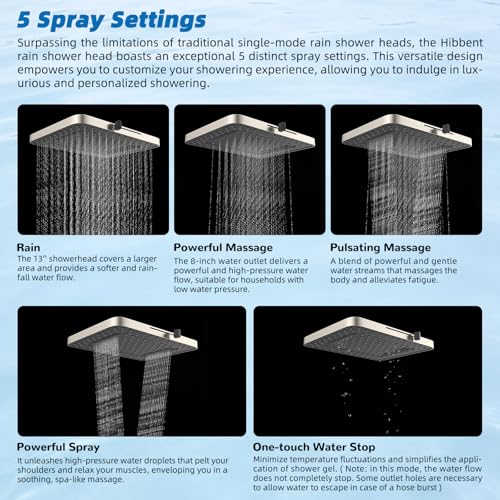 Hibbent 13'' Rain Shower Head with 12'' Extension Arm, Brushed Nickel | High Pressure 5 Modes Rainfall Shower Head with Solid Brass Adjustable Shower Arm Extender, Waterfall fixed Square Showerhead - color: Brushed Nickel