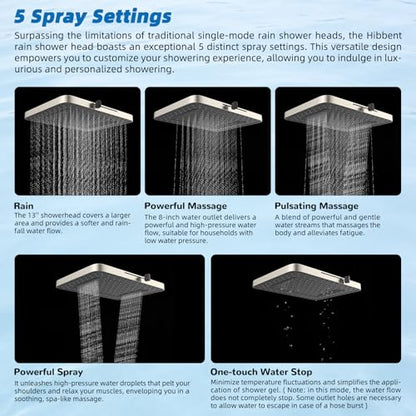 Hibbent 13'' Rain Shower Head with 12'' Extension Arm, Brushed Nickel | High Pressure 5 Modes Rainfall Shower Head with Solid Brass Adjustable Shower Arm Extender, Waterfall fixed Square Showerhead - color: Brushed Nickel
