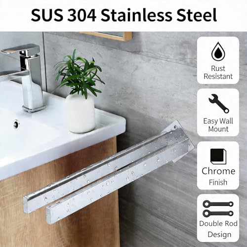 Double Rod Towel Bar 16 Inch, SUS304 Stainless Steel Wall Mounted Towel Holder, Bathroom Kitchen Double Layer Towel Rail, Modern Design Square Wall Towel Rack for Bathroom, Kitchen Chrome - color: Chrome