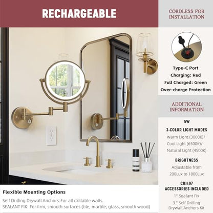 Makeup Mirror Wall Mounted with Lights, 5X Magnification, Antique Brass | 8-Inch, Bathroom Extendable Arm Magnifier, Touch Dimmable, 3-Colors LED, 2-Sided Shaving Vanity, Brushed Finish, Rechargeable - color: Antique Brass