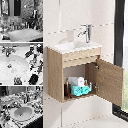 wonline 16" Single Sink Bathroom Vanity, Floating Modern Bathroom Vanity with Sink for Small Space - color: Natural