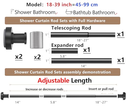 Black Tension Shower Curtain Rod – Adjustable 18-39 Inches, Fits 20-38 Inch Spaces, No Drill Rust Resistant Spring Rod for Bathroom, Kitchen, Bedroom, Balcony - color: Black, size: 18-39 inch without hooks