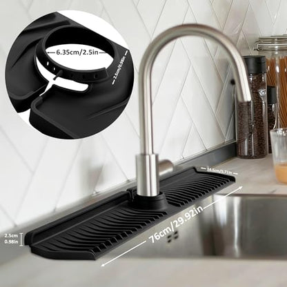 Extra Long Silicone Faucet Mat, 76cm Double-Sided Drain Pad for Kitchen Sink & Bathroom, Flexible Splash Guard with Center Hole, Non-Slip, Easy to Clean, Fits Most Faucets (Black) - color: Black
