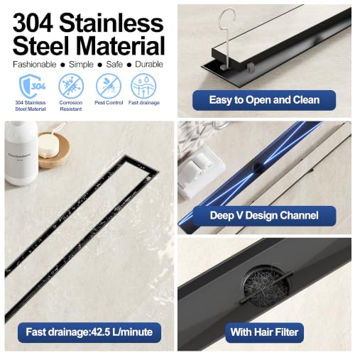 Neodrain 30-Inch Linear Shower Drain-Matte Black,with Tile Insert Grate | 304 Stainless Steel, Fast Drainage, Rectangle Shower Floor Drain with Leveling Feet & Hair Strainer, Fits Bathroom, Balcony - color: Matte Black, size: 30 IN