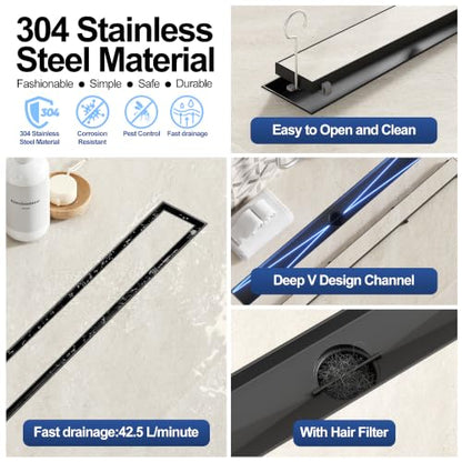Neodrain 30-Inch Linear Shower Drain-Matte Black,with Tile Insert Grate | 304 Stainless Steel, Fast Drainage, Rectangle Shower Floor Drain with Leveling Feet & Hair Strainer, Fits Bathroom, Balcony - color: Matte Black, size: 30 IN