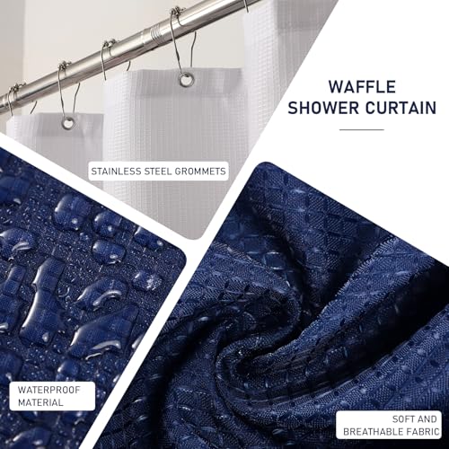 XLHOMO Navy Blue Bathroom Accessories Set with Wicker Trash Can Shower Curtain and Rugs,Bathroom Sets Small Waste Basket Bathroom Trash Can for Bedroom Bathroom - size: Wicker Bathroom Set+Shower Curtain+Bath Rugs, style: Navy Blue