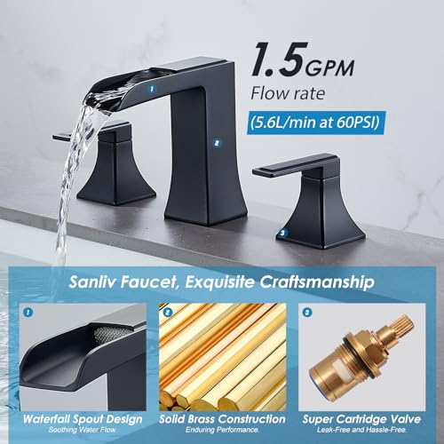 Black Waterfall Bathroom Faucet, Sanliv 3-Piece Widespread Bathroom Faucet for 3-Hole Sinks 4-8 inch, Modern 2-Handle Vanity Faucet with Pop-Up Drain, Matte Black - color: Matte Black