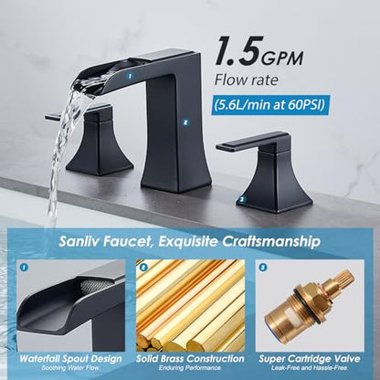 Black Waterfall Bathroom Faucet, Sanliv 3-Piece Widespread Bathroom Faucet for 3-Hole Sinks 4-8 inch, Modern 2-Handle Vanity Faucet with Pop-Up Drain, Matte Black - color: Matte Black