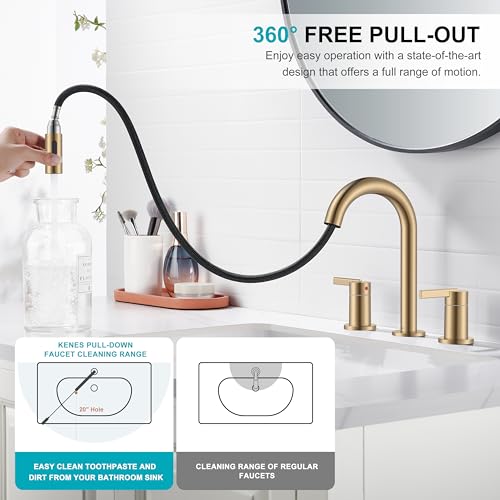 Champagne Bronze Pull Down Widespread Bathroom Faucet 2 Handle 3 Hole | Pull Out Bathroom Faucet with Pop Up Drain & Supply Lines, Lead-Free cUPC & NSF Certified, 8 Inch Faucet for Vanity RV Sink - color: Champagne Bronze