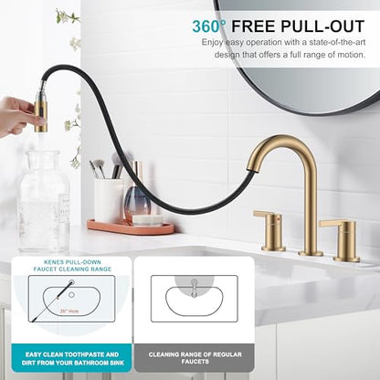 Champagne Bronze Pull Down Widespread Bathroom Faucet 2 Handle 3 Hole | Pull Out Bathroom Faucet with Pop Up Drain & Supply Lines, Lead-Free cUPC & NSF Certified, 8 Inch Faucet for Vanity RV Sink - color: Champagne Bronze