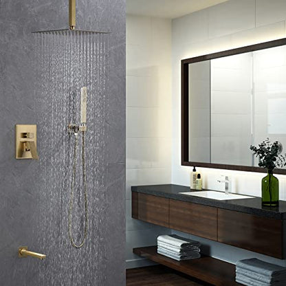 Iriber Ceiling Brushed Gold Rain Shower System with Waterfall Tub Spout 3 Function Shower Faucet Set Contain 12 Inch Shower Head and Handheld Shower Trim Kit (Valve Cartridge Included) - color: Brushed Gold 02
