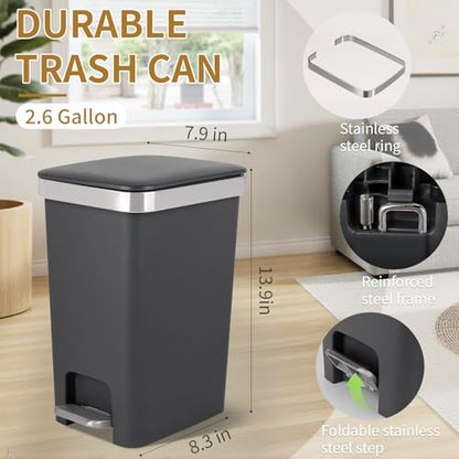 UUJOLY Small Bathroom Trash Can with Lid Step Pedal, 2.6 Gallon, Dark Grey | Soft-Close Sturdy Garbage Can + 3 Rolls Trash Bags, For Bathroom, Kitchen, Bedroom, Office, Dorm, Laundry, RV - color: Dark Grey