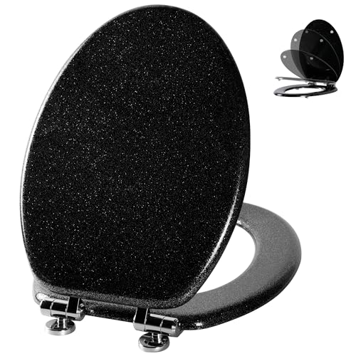 Angol Shiold Glitter Toilet Seat Molded Wood Elongated Toilet Seat with Quietly Close and Quick Release Hinges, Easy to Install also Easy to Clean (Elongated 18.5'', Black) - color: Black, size: Elongated 18.5‘’