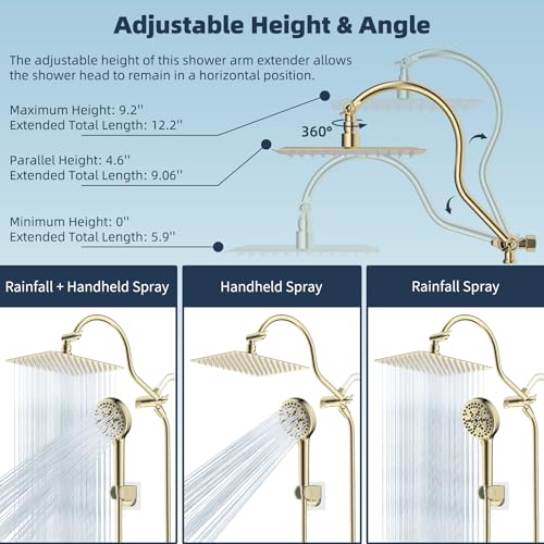 Hibbent All Metal CUPC Certified Shower Head, 10'' High Pressure Rainfall Shower Head, Handheld Showerhead Combo, 12'' Adjustable Extension Arm, 10 Sprays, 71'' Hose, Shower Holder, Polished Brass - color: Polished Brass, style: Square 10''