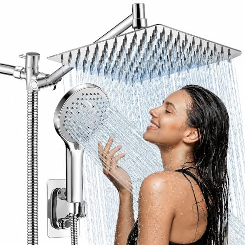 10 Inch Rainfall Shower Head with Handheld Combo and Extension Arm | Large rainfall shower head set with handheld sprayer, 11 inch adjustable arm, 59 inch hose, standard 1/2 inch wall connection - color: Polished, size: 10 Inch