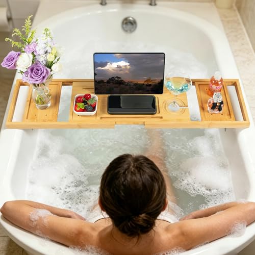Utoplike Bamboo Bathtub Tray Caddy for Tub, Bath Table Bathroom Organizer | Adjustable, with Book Tablet Stand, Wine Glass Cup, 2 Sliding Towel Holder