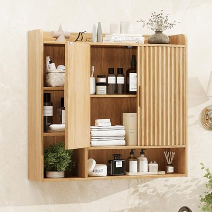 Vabches Fluted Bathroom Wall Cabinet, Wooden Medicine Cabinet Organizer with 2 Doors and Adjustable Shelf, Over The Toilet Storage Cabinet for Laundry Room and Living Room