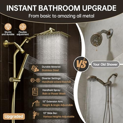 Veken All Metal 10" Luxurious Brushed Gold Rain Shower Head with Handheld | Dual High Pressure Shower Heads,Double Detachable Showerhead, Square Adjustable Rainfall,Bathroom Upgrade,Best Showerheads - color: Gold-brushed, size: 10 Inch