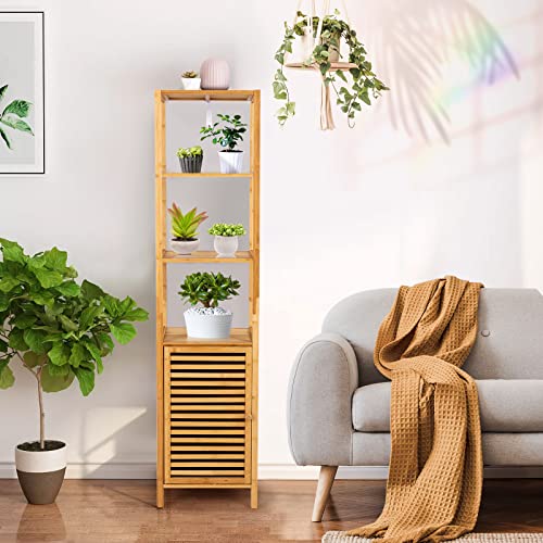 Tangkula Bathroom Cabinet, 65 Inch Tall Slim Bathroom Storage Cabinet with Shutter Door and 3 Open Shelves, Narrow Multifunctional Tower Cabinet, Natural Bamboo, 15.5 x 14.5 x 65 Inch - style: Tall Cabinet