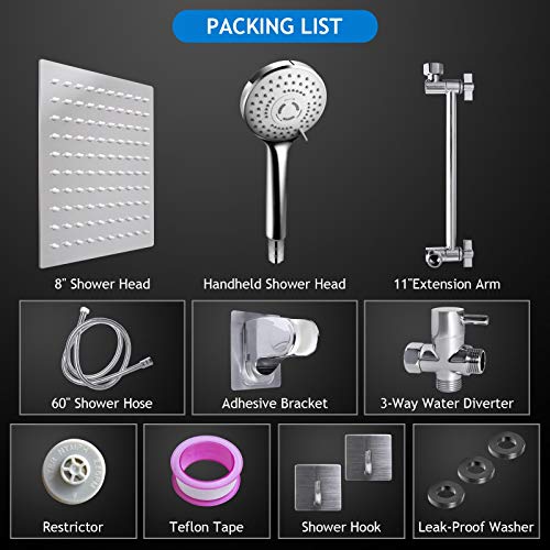Shower Head Combo,8 Inch High Pressure Rain Shower Head with 11 Inch Adjustable Extension Arm and 5 Settings Handheld Shower Head Combo,Powerful Shower Spray Against Low Pressure Water with Long Hose - color: Chrome, size: 8" Showerhead Set