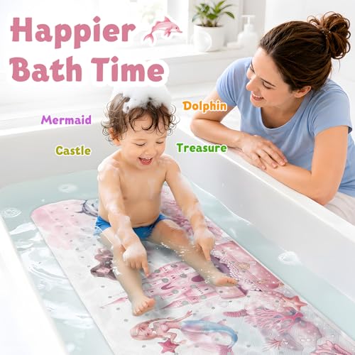 Baby Bath Mat for Tub Non Slip Kids, BPA Free Extra Long Bathtub Mat 40x16 with Drain Holes and 200 Suction Cups, Non Toxic Machine Washable Toddler Bath Mat, Eco-Friendly Certified - color: V-mermaid