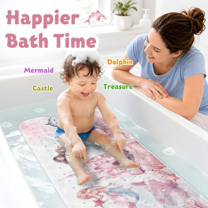Baby Bath Mat for Tub Non Slip Kids, BPA Free Extra Long Bathtub Mat 40x16 with Drain Holes and 200 Suction Cups, Non Toxic Machine Washable Toddler Bath Mat, Eco-Friendly Certified - color: V-mermaid
