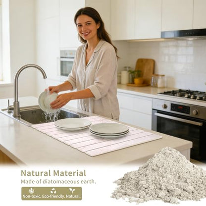 Stone Dish Drying Mat - Large Foldable Marbled Quick Drying Dish Mats With Stone Coasters Set of 4 Collapsible Ultra Absorbent Diatomaceous Earth Mats for Kitchen Counter Bathroom (Pink) - color: Pink
