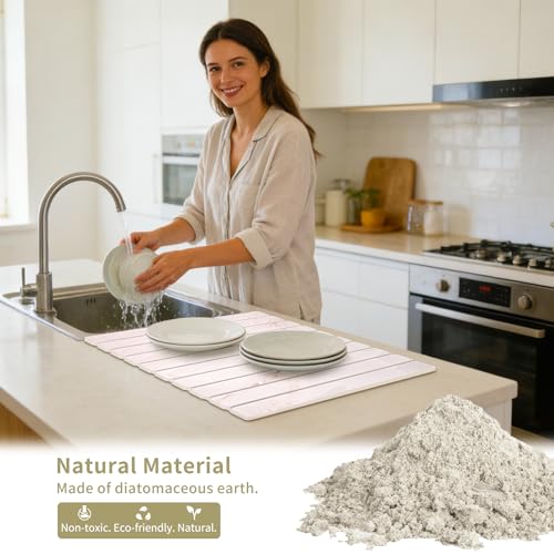 Stone Dish Drying Mat - Large Foldable Marbled Quick Drying Dish Mats With Stone Coasters Set of 4 Collapsible Ultra Absorbent Diatomaceous Earth Mats for Kitchen Counter Bathroom (Pink) - color: Pink