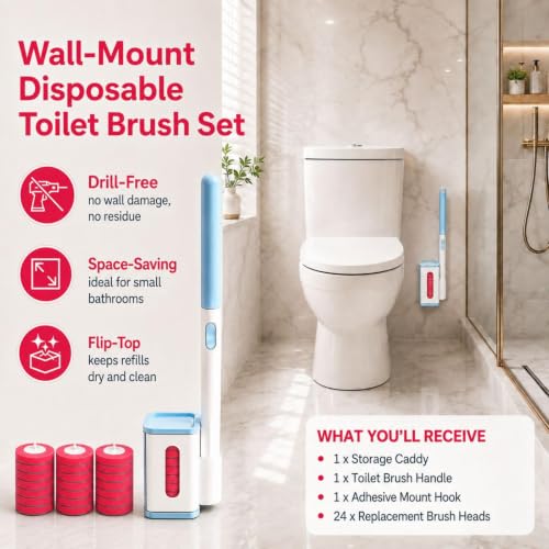 Disposable Toilet Brush with Wall Mounted Holder, 24 Toilet Wand Refills | Hands Free Toilet Brush with One-Button Release, Compact Design, Bathroom Cleaning for RV & Small Bathroom, Light Rose Scent