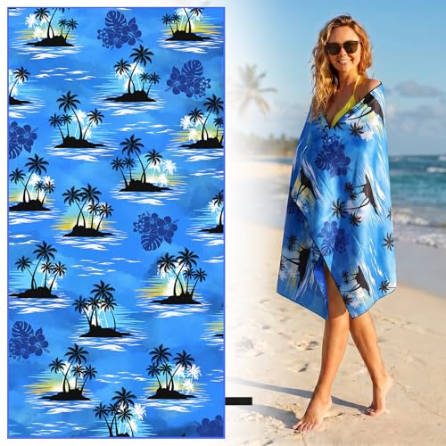 Oversized Microfiber Beach Towel Thin, Blue Sunset Seaside Hawaiian Style Double Sided Printed Towel 1PC, Large Soft Absorbent Compact Towels for Men Women Adults, Summer Pool Swim Rafts Bath, 35"x71" - style: Blue Sunset Seaside Hawaiian