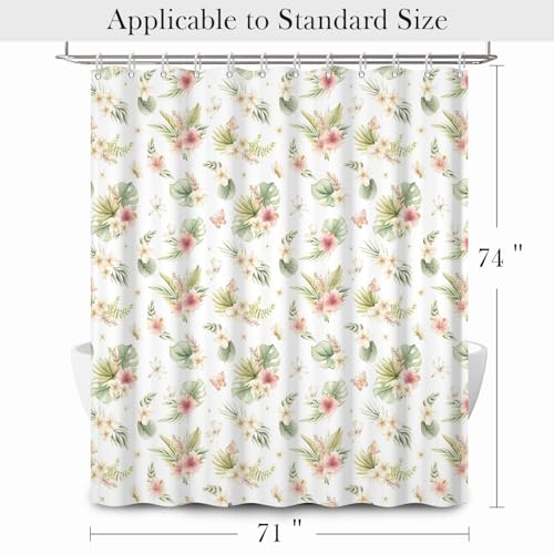 Tropical Floral Shower Curtain 71x74 Inch, Watercolor Botanical Leaf and Hibiscus Flower Pattern Bathroom Curtain and Hooks Set, Boho Farmhouse Style Waterproof Fabric Bath Curtain - color: Floral-m