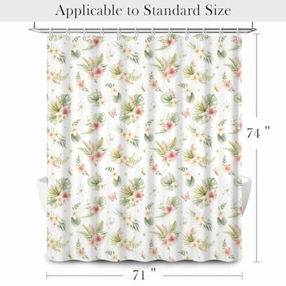Tropical Floral Shower Curtain 71x74 Inch, Watercolor Botanical Leaf and Hibiscus Flower Pattern Bathroom Curtain and Hooks Set, Boho Farmhouse Style Waterproof Fabric Bath Curtain - color: Floral-m