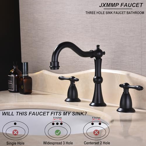 Matte Black Antique Bathroom Faucet 3 Hole, Widespread Sink Faucet with Pop Up Drain and cUPC Supply Hose, Modern 2 Handle Black Faucet for Bathroom Sink JXM3073BK - color: Matte Black
