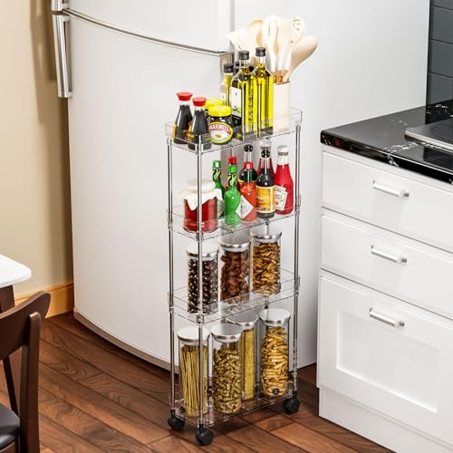 Yieach Clear 4 Tier Slim Rolling Storage Cart with Wheels,6.3″W Thin Shelf,Bathroom Storage Cabinet,Skinny Laundry Cart,Narrow Laundry Room Cart Between Washer and Dryer,Skinny Shelves for Small Space - style: 4 Tier