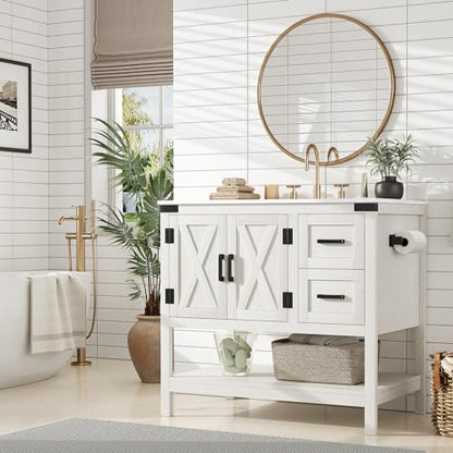 AMERLIFE 36" White Farmhouse Bathroom Vanity with Sink and 2 Drawers | Antique White, Single Solid White Integrated Top, Moisture-Resistant MDF, 2 X-Panel Door, 2 Drawer, Open Shelf, Towel Holder - color: Antique White, size: 36”