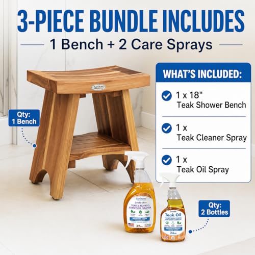 EcoDecors Serenity 18" Teak Shower Bench Bundle with Care Kit | Shower bench with adjustable non-slip feet provides secure stability on wet, sloped, or uneven shower floors - size: 18" Shelf Assembled + 2 pack Cleaner & Teak Oil