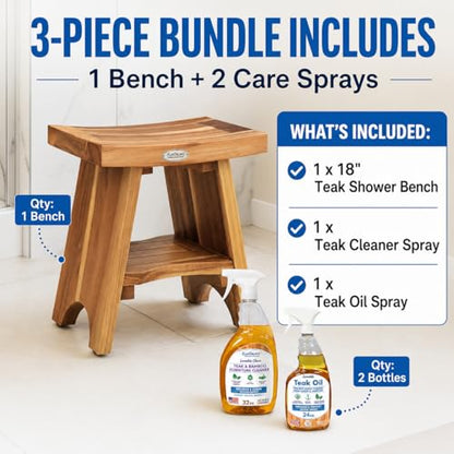 EcoDecors Serenity 18" Teak Shower Bench Bundle with Care Kit | Shower bench with adjustable non-slip feet provides secure stability on wet, sloped, or uneven shower floors - size: 18" Shelf Assembled + 2 pack Cleaner & Teak Oil