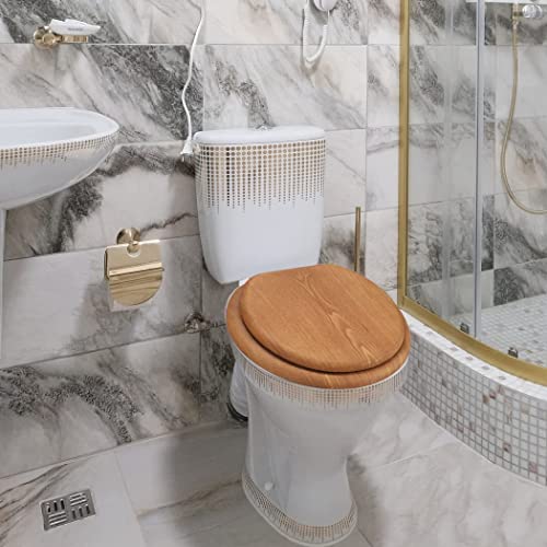 Wooden Toilet Seat Round with Metal Hinges, Wood Toilet Seat for American Standard Size Toilet Seats, Easy to Install