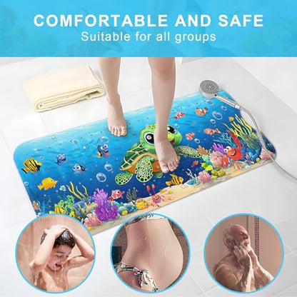 Baby Bath Mat for Tub Non Slip Kids, BPA Free Extra Long Bathtub Mat 40x16 with Drain Holes and 200 Suction Cups, Non Toxic Machine Washable Toddler Bath Mat, No Fading, Baby Turtle - color: V-turtle 3